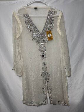 Embellished Ivory Sheer Tunic with Silver Beading